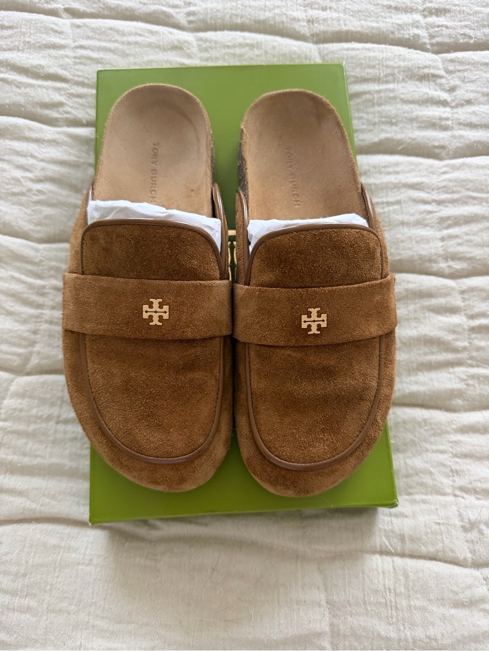 Tory Burch Chestnut Suede Slip-On Loafers with Gold Logo